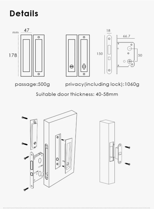 Technical specification and assembly details diagram for a door lock and handle set, showing front and side elevations with dimensions, passage capacity 500g, privacy capacity 1060g, suitable door thickness 40-58mm, and exploded assembly views on a light gray background.
