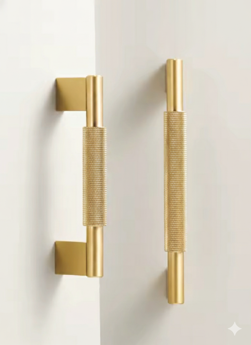 Satin Brass Cabinet Handles - Modern Knurled Solid Brass Pulls – Industrial Chic Hardware