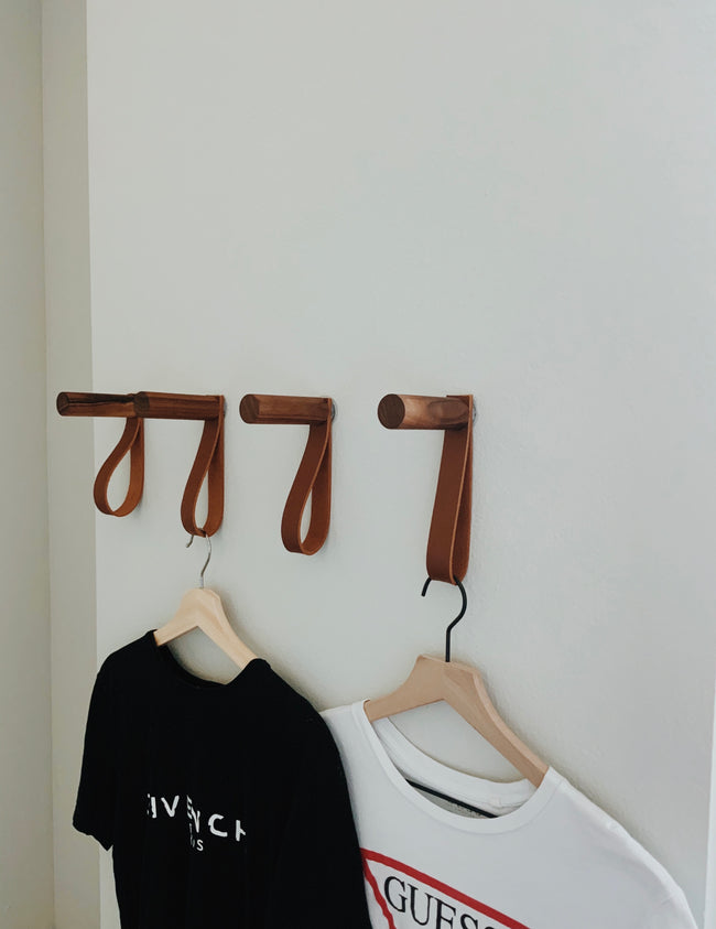 Modern Wooden Hook With Leather, Single Organizer, Hat Rack, Towel Hook - Walnut - Natural