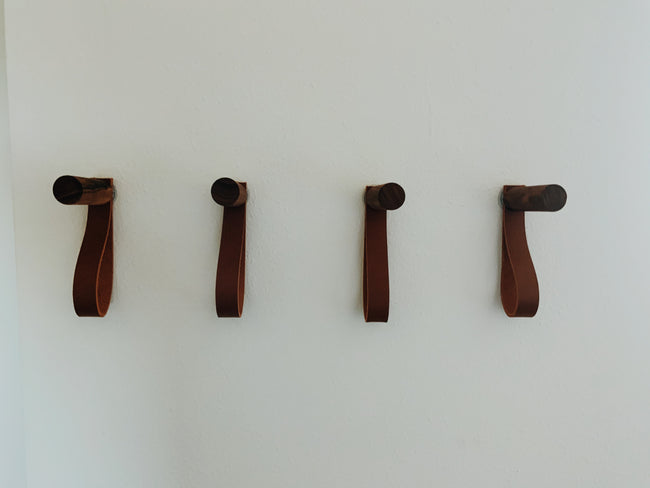 Modern Wooden Hook With Leather, Single Organizer, Hat Rack, Towel Hook - Walnut - Natural