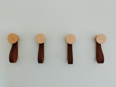 Modern Cone Wooden Hook With Leather, Wall Hook, Single Organizer, Hat Rack, Towel Hook - Walnut - Natural