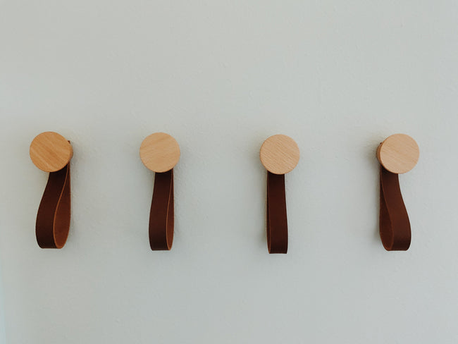 Modern Cone Wooden Hook With Leather, Wall Hook, Single Organizer, Hat Rack, Towel Hook - Walnut - Natural